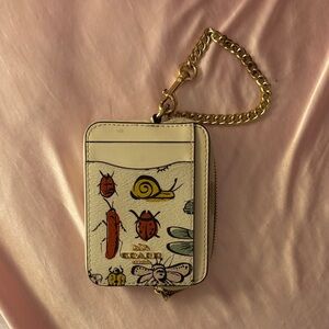 Coach White Card Holder with Insect Design and Gold Chain